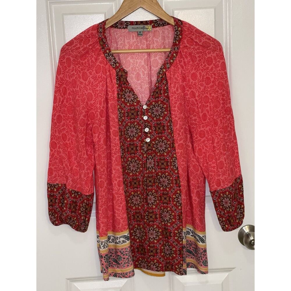 Figueroa & Flower Top Blouse Tunic Women’s Floral 3/4 Sleeve Bohemian Medium